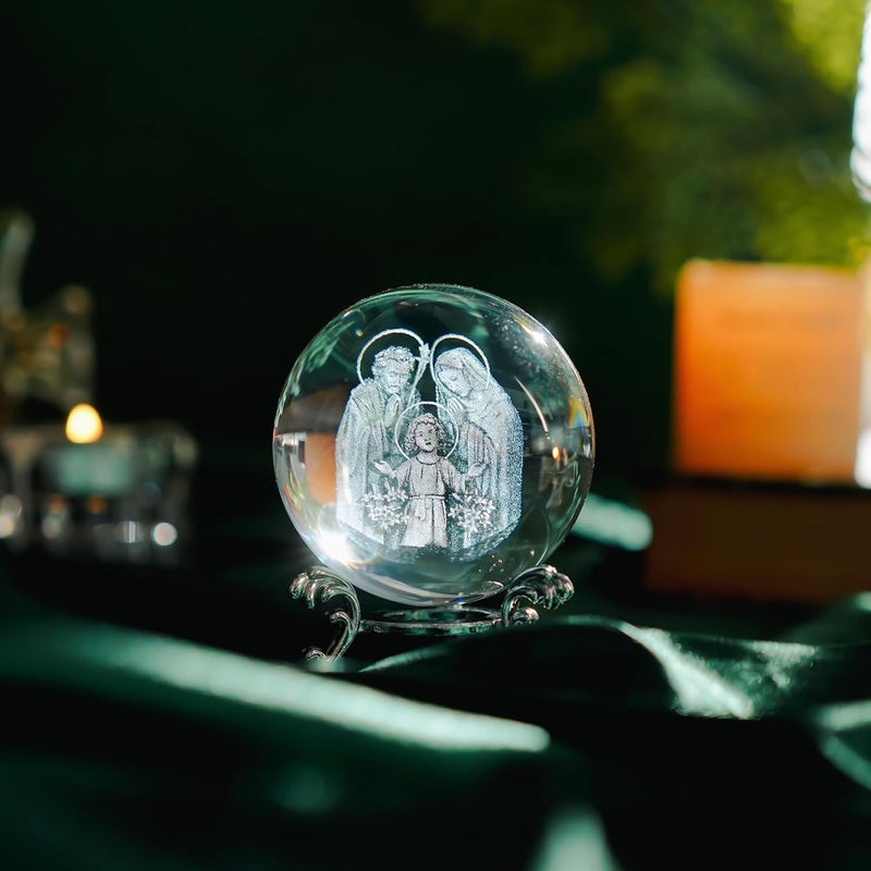 ZEERSHEE 3D Engraved Jesus Holy Family Crystal Ball Glass Jesus Statue Figurine Christian Religious Easter Gifts - Image 2